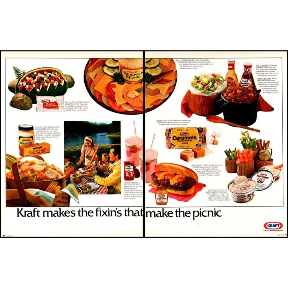 1971 Kraft Foods 2 Page Vintage Print Ad Family Vacation Picnic Lake Wall Art